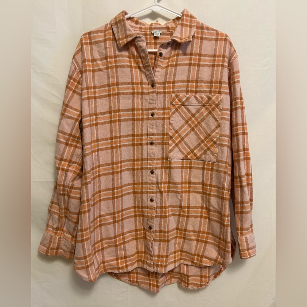 aerie Pink and Orange Plaid Button-Down Shirt